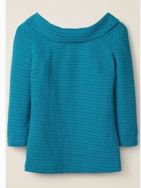 Boden Bessie Retro Teal Blue with an olive/gray print Jacquard Top Shirt with 3/